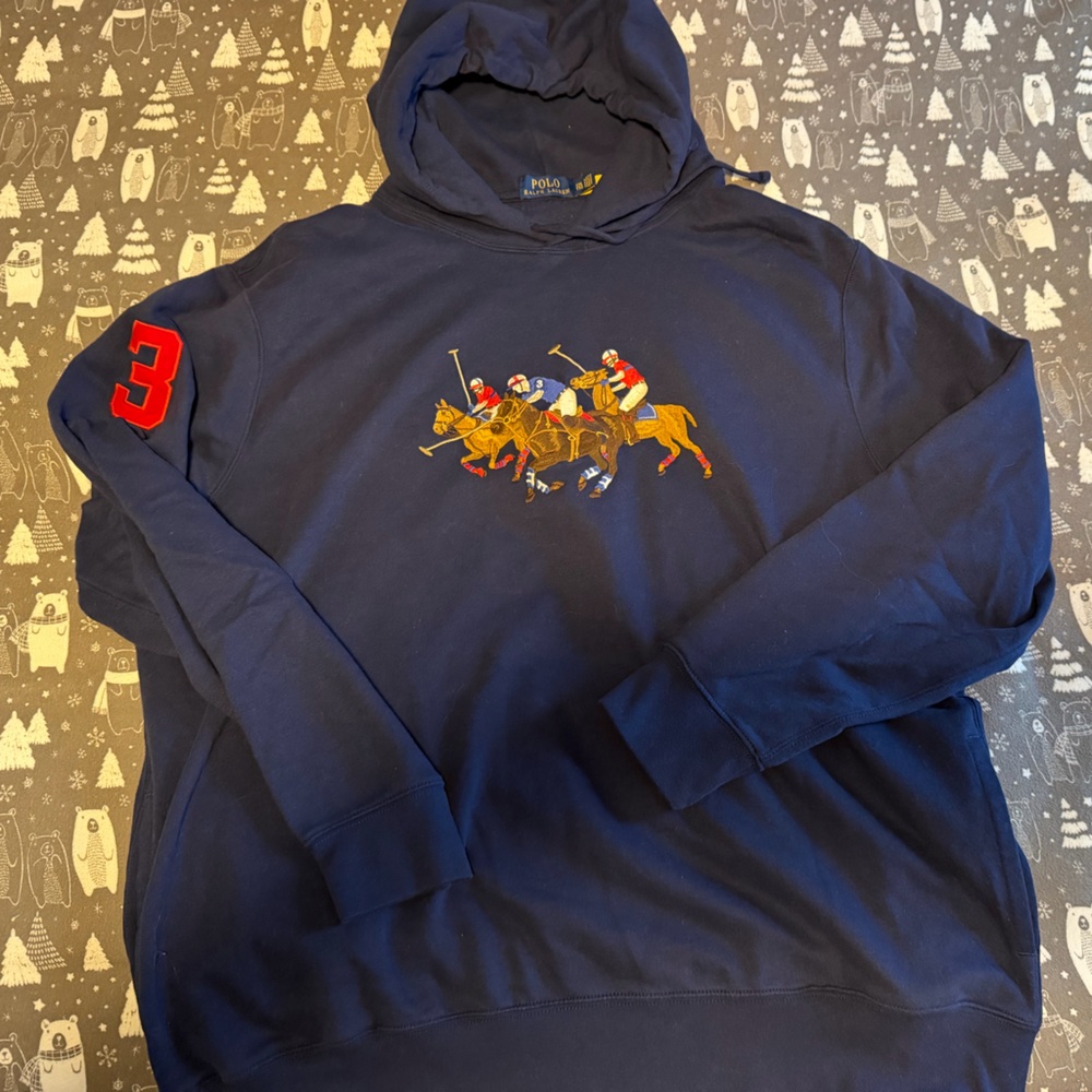 Ralph Lauren men’s Navy Hoodie with embroidered Polo horses and sleeve appliqué